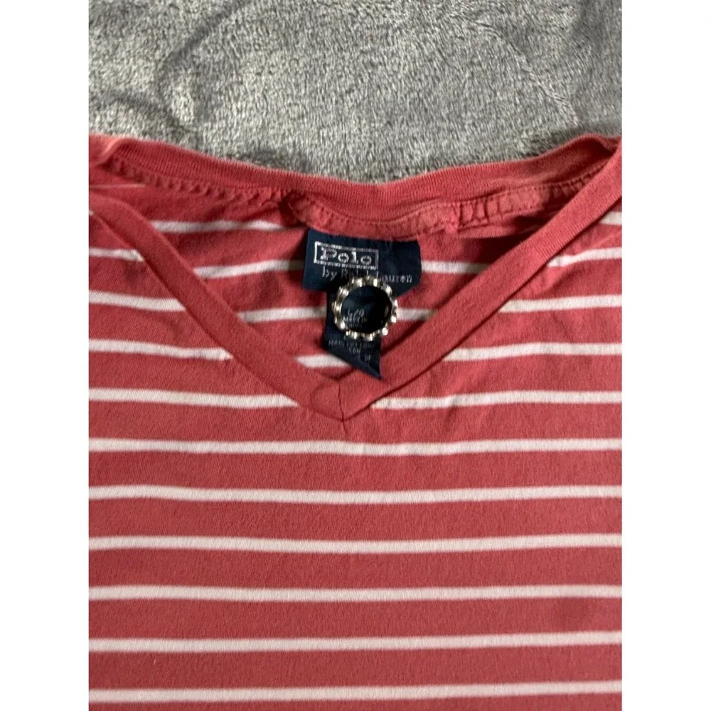 Polo Ralph Lauren Men's V-Neck T-Shirt Large Red White Striped Cotton Pony Logo